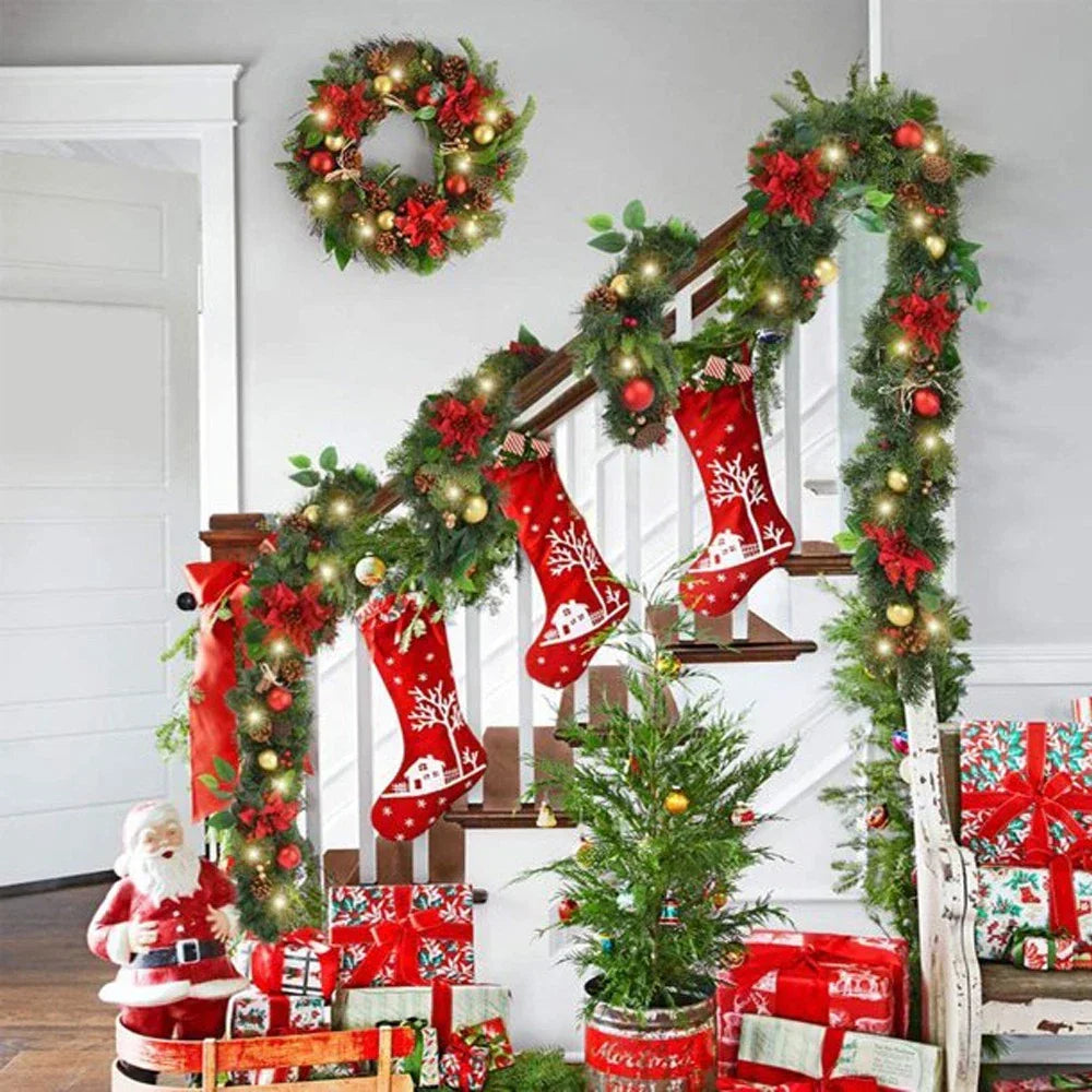 16FT Christmas Garland with LED Lights Pre Lit Stairs Home Fireplace Bushy Pine CorbyCart