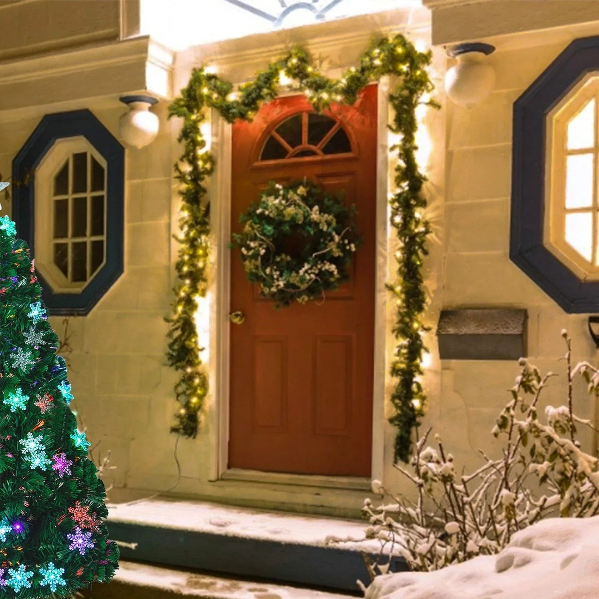 16FT Christmas Garland with LED Lights Pre Lit Stairs Home Fireplace Bushy Pine CorbyCart