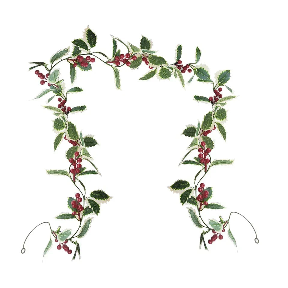 2M Christmas Garland Holly Leaf Red Berries Winter Fireplace Hanging Party Decor CorbyCart